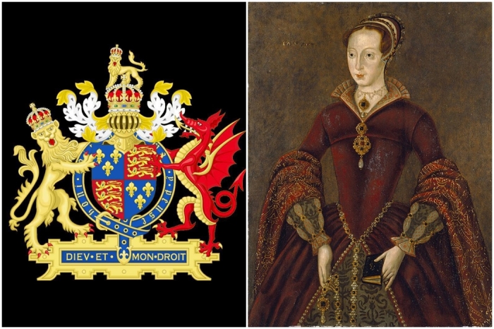 Слева направо: Герб Королевства Англии с 1509 по 1554 год, используемый Генрихом VIII и Эдуардом VI. \ «Стретемский портрет», предположительно Джейн Грей (копия 1590-х годов с утраченного оригинала).