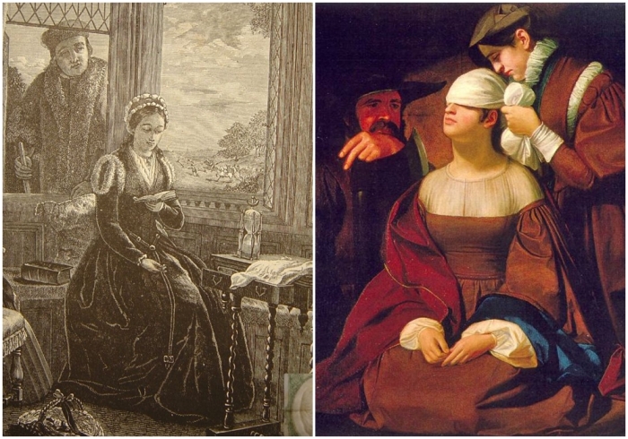 Слева направо: «Роджер Ашем и Джейн Грей» по картине Джона Хорсли, 1853 год. \ «Подготовка к казни»,<br>Джордж Флэгг, 1835 год.