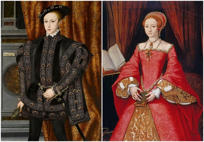 Слева направо: Король Эдуард VI; портрет, атрибутируемый Уильяму Скротсу, около 1550 года. \ Принцесса Елизавета Тюдор; портрет, атрибутируемый Уильяму Скротсу, между 1546 и 1547 годами.
