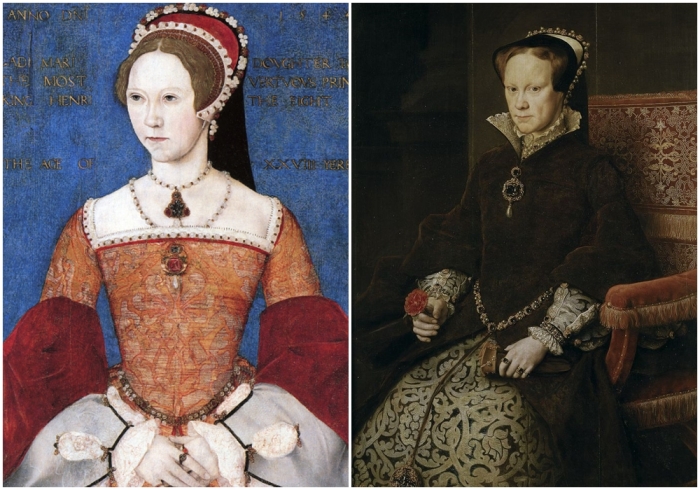 Слева направо: Королева Мария, «Мастер Джон», 1544 год. \ Кровавая Мэри, портрет кисти Антониса Мора, 1554 год.