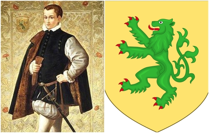 Слева направо: Лорд Гилфорд Дадли, супруг леди Джейн Грей. \ Семейный герб Дадли, в золотом поле зелёный восстающий леопард, вооружённый червленью.