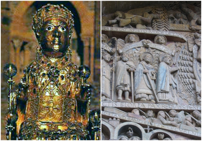 Слева направо: Реликварий из Сент-Фуа. \ Деталь резьбы на дверном проёме аббатства-церкви.