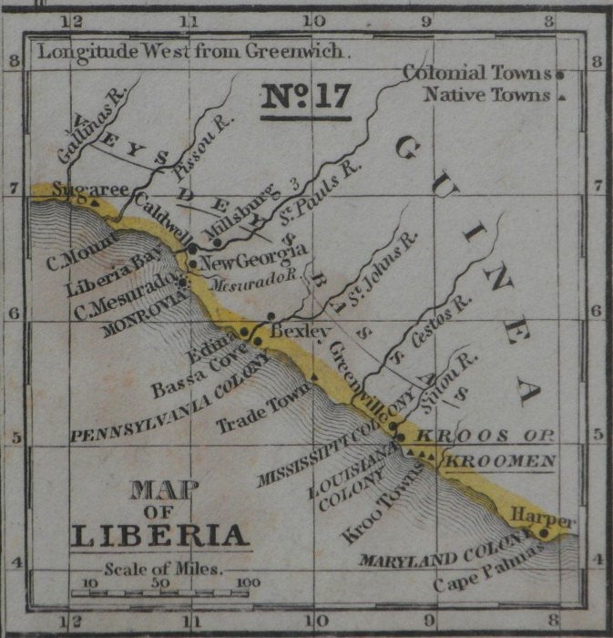 Карта колонии Либерия в 1830-х годах, созданная ACS, а также показывающая колонию Миссисипи и другие колонии, спонсируемые государством. \ Фото: blogspot.com.