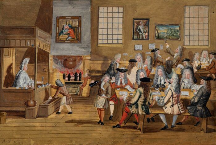 Интерьер лондонской кофейни, 1690-1700 годы, Лондон. \ Фото: voices.uchicago.edu.