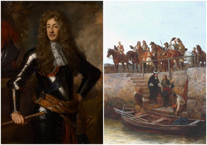 Слева направо: Яков II (VII). \ Бегство короля Якова II после битвы на реке Бойн. Художник Эндрю Каррик Гоу.