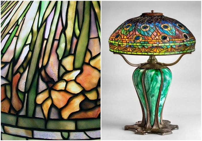 Слева направо: Лампа «Нарцисс» (фрагмент абажура).\ Настольная лампа Peacock от Tiffany Studios, 1905 год.
