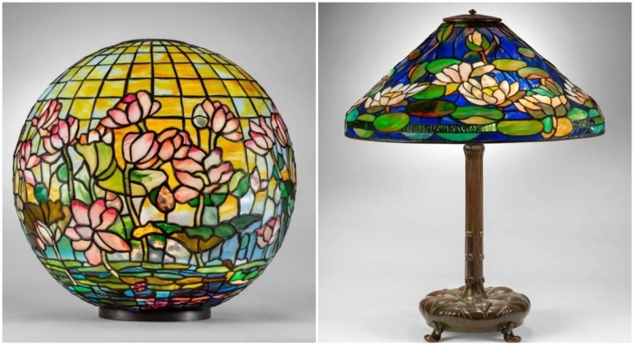 Слева направо: Круглый светильник Лотос от Tiffany Studios, около 1905 года. \ Настольная лампа Pond Lily от Tiffany Studios, около 1905 года.