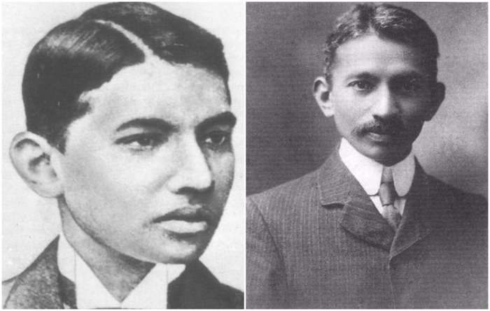 Слева направо: Ганди в Лондоне, будучи студентом юридического факультета. \ Ганди, Южная Африка, 1909 год.