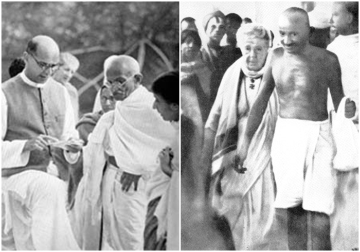 Слева направо: Ганди и его личный помощник Махадев Десаи в доме Бирлы, 1939 год. \ Ганди с Анни Безант по пути на встречу в Мадрас в сентябре 1921 года.