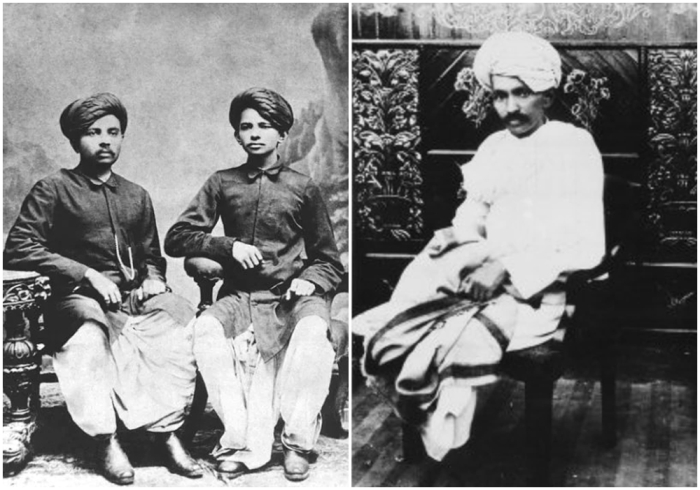 Слева направо: Ганди (справа) со своим старшим братом Лаксмидасом в 1886 году. \ Ганди в 1918 году, Чампаран Сатьяграха, Кхеда.