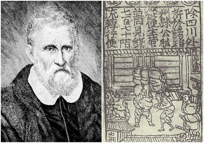 Слева направо: портрет Марко Поло. \ Бумажные деньги династии Сун (репродукция).