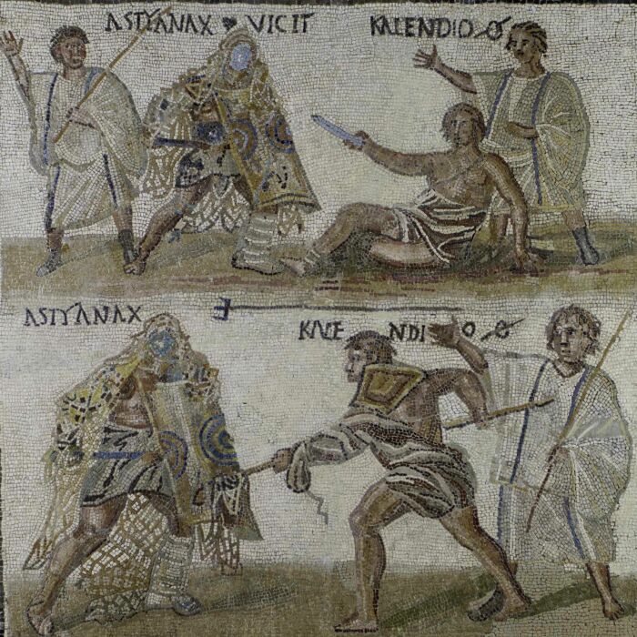 Мозаика, изображающая бой между гладиаторами, III век н. э. \ Фото: pinterest.es.