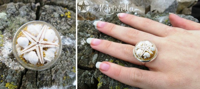 Серебряное кольцо от Maristella:  настоящая морская звезда, золотой микробисер и настоящие миниатюрные ракушки и кораллы.