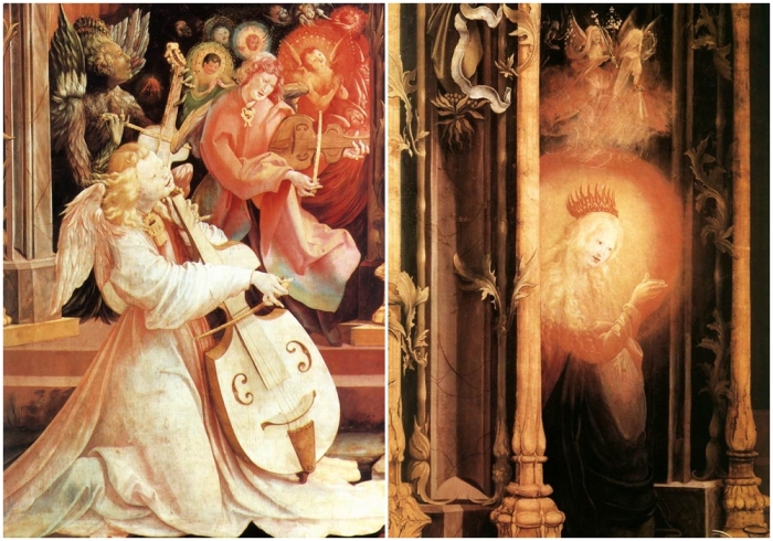 Слева направо: Ангельский концерт, Маттиас Грюневальд. \ Ангельский концерт, Изенгеймский алтарь, левая половина центральной части : Очеловечивание Христа, Маттиас Грюневальд.