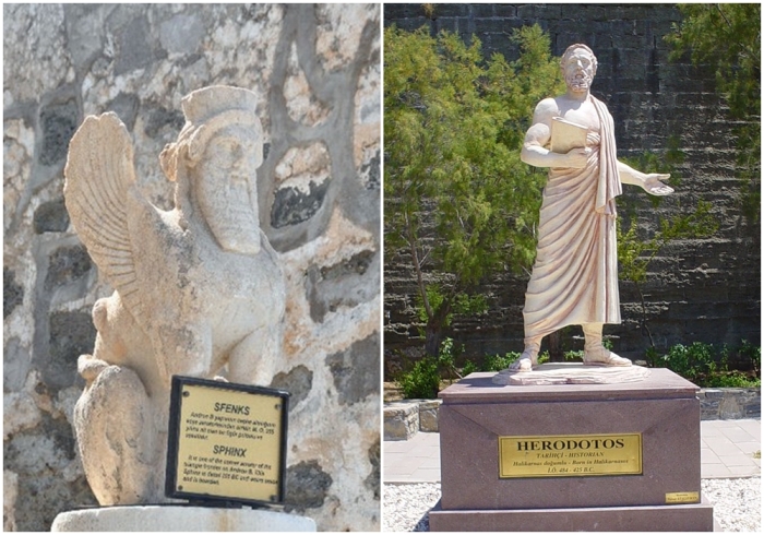 Слева направо: Персидский сфинкс из Галикарнаса, 355 год до нашей эры. \ Геродот удостоен статуи в своём доме в Галикарнасе (современный Бодрум).