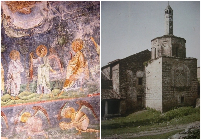 Слева направо: Потолочные фрески в церкви Святой Софии. \ Святая София как мечеть, Охрид, Огюст Леон, 1913 год.