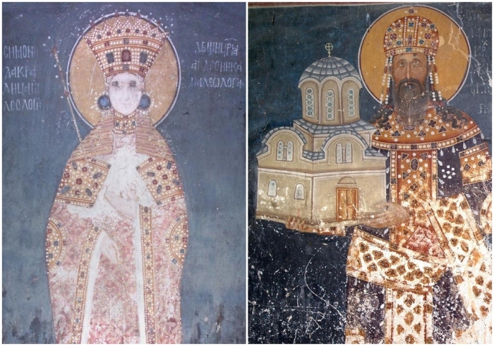 Слева направо: Королева Симонида. \ Сербский король Милутин Неманич с макетом монастыря Грачаница.