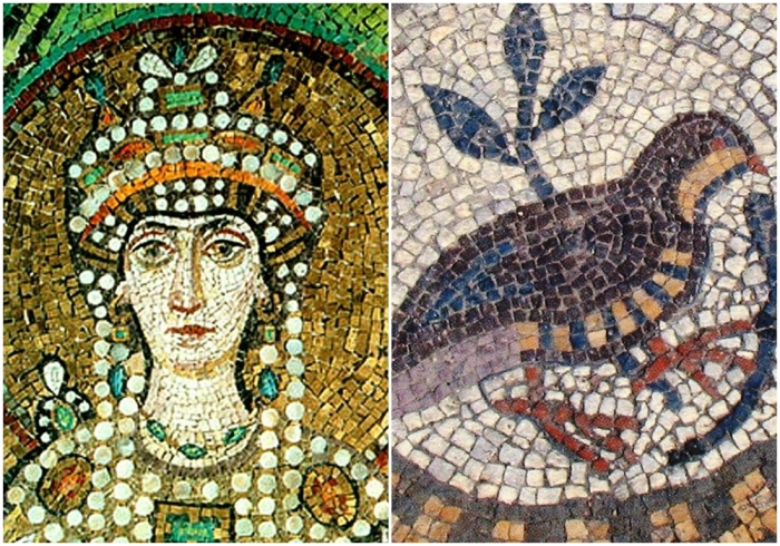 Слева направо: Императрица Феодора, Равенна. \ Символ души — птица на византийской мозаике православного храма VI века, Херсонес.