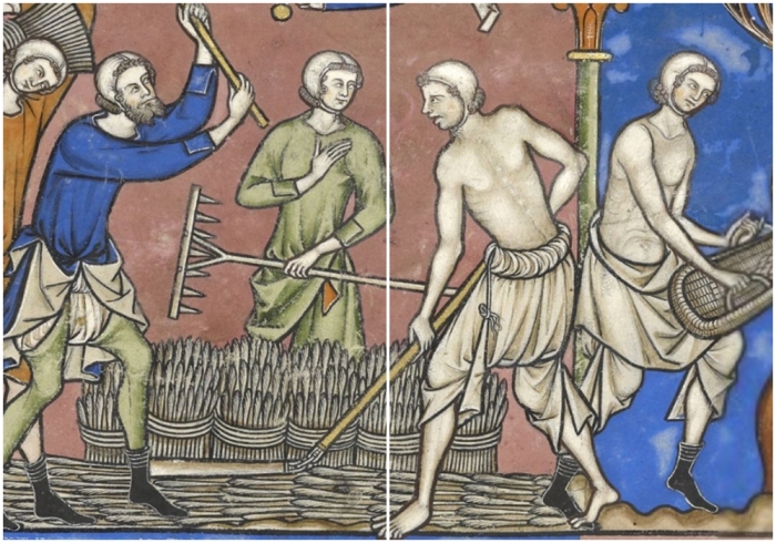 Изра­иль­ский кре­стья­нин Гедеон и его работ­ники, одетые в брэ, обмо­ла­чи­вают пше­ницу, фраг­мент листа 12v, Биб­лия кре­сто­носца.