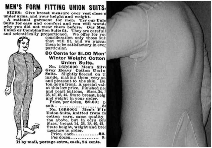 Слева направо: Костюм Союза (комбинезон) из каталога Sears, Roebuck 1902 года. \ Комбинезон вид сзади.