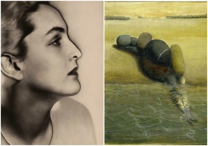 Слева направо: Портрет Мерет Оппенгейм работы Мана Рэя, 1932 год. \ Каменная женщина, Мерет Оппенгейм, 1938 год.