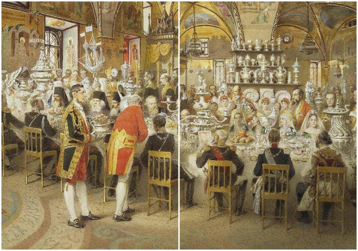 Фрагменты картины: Торжественный обед во Дворце лиц Московского Кремля в мае 1883 года, Михали Зичи, 1883 год.