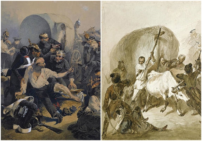 Слева направо: Сцена из Крымской войны, Михай Зичи. \ Под ударом, Михай Зичи.