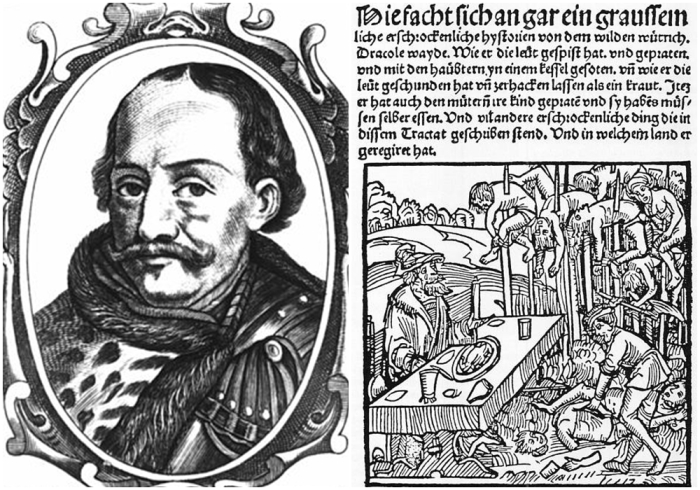 Слева направо: Янош Хуньяди — политический противник Дракулы. \ Страница из памфлета о Дракуле, переиздание 1499 года.