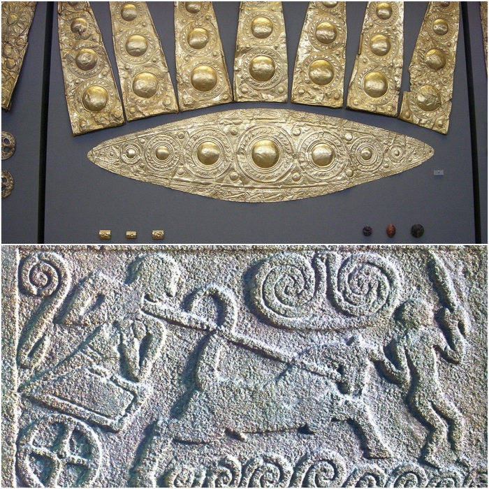 Сверху вниз: Золотая эллиптическая диадема, Могила III. \ Часть погребальной стелы, изображающая сцену с колесницей.