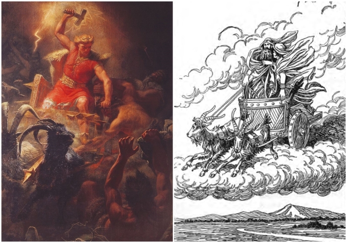 Слева направо: Битва Тора с великанами, художник Мортен Эскиль Винге (1872 год).\ Тор и Локи в колеснице.