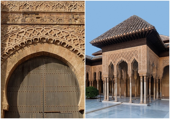 Слева направо: Баб Удайя (внешний фасад), церемониальные главные ворота касбы Удайя, построенные около 1195 года альмохадским халифом Якубом аль-Мансуром. \ Львиный двор в Альгамбре в Гранаде, Испания, XIV век.