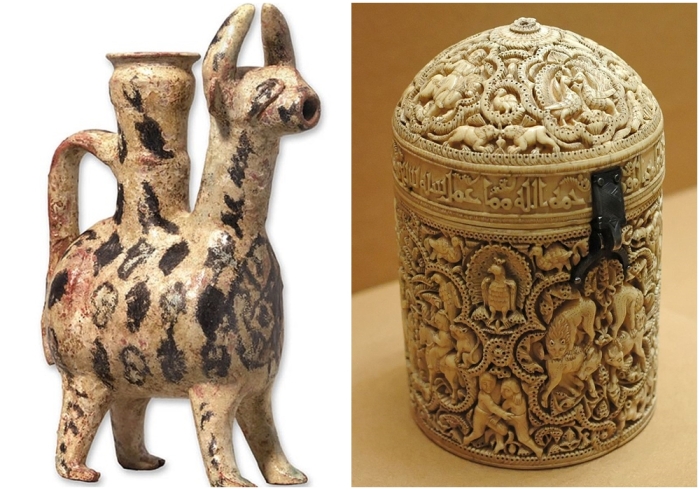 Слева направо: Зооморфная керамика. \ Шкатулка принца Альмогира.