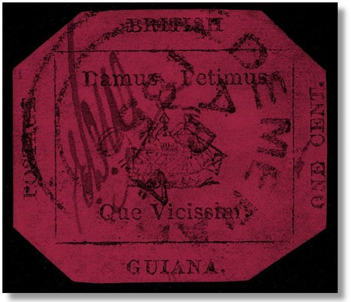 Пурпурный штамп 1856 года из Британской Гвианы. | Фото: pinterest.com.