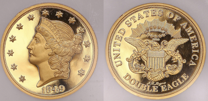 20 долларов с двойным орлом, 1850 год. \ Фото: ma-shops.com.