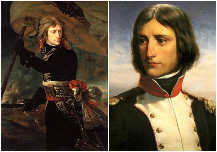 Слева направо: Наполеон Бонапарт на Аркольском мосту, Антуан-Жан Гро, 1796 год. \ Наполеон в 1792 году, портрет Феликса-Эмманюэля-Анри Филиппото, 1834 год.
