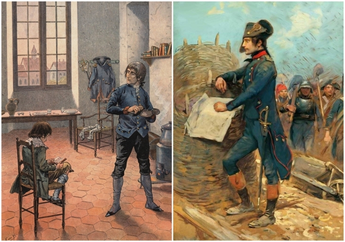 Слева направо:  Наполеон и его брат Луи в Осоне, Жак де Бревиль, 1910 год. \ Наполеон в Тулоне, Жан Батист Эдуар Детай, XIX век.