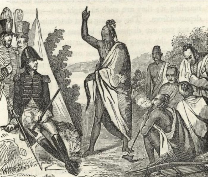 Совещание французов и индейских вождей у церемониального костра. \ Фото: bing.com.