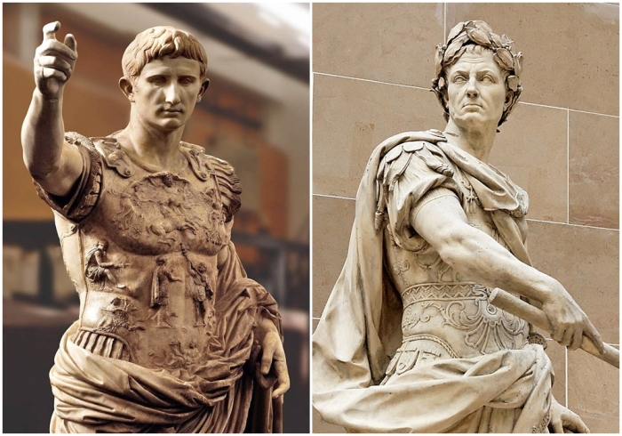 Слева направо: Гай Юлий Цезарь Октавиан Август — древнеримский политический деятель, основатель Римской империи.\ Гай Юлий Цезарь — древнеримский государственный и политический деятель, полководец, писатель.