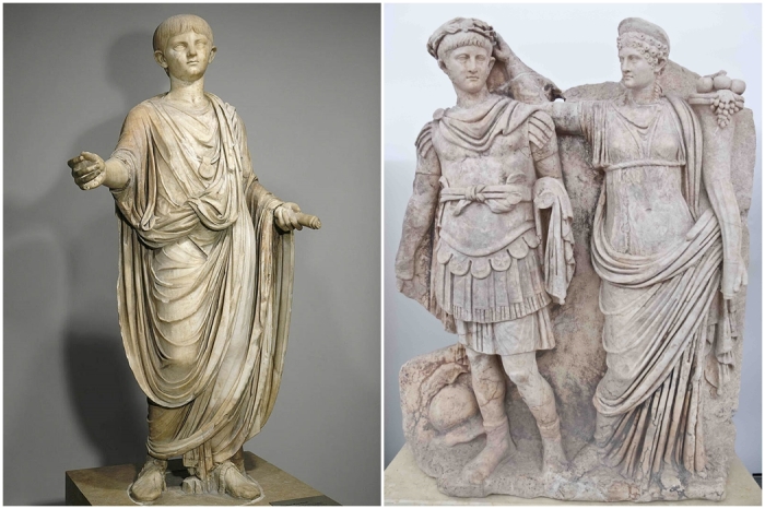 Слева направо: Мраморная статуя юного Нерона, 50-54 гг. н.э. \ Нерон и Агриппина Младшая.