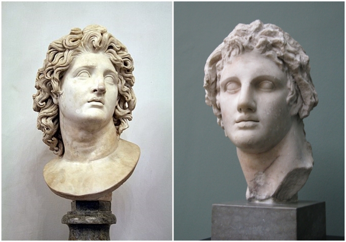 Слева направо: Бюст Александра Великого в образе Гелиоса, Капитолийские музеи, Рим. \ Бюст Александра Македонского.