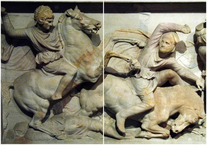 Александр Македонский в шлеме Геракла (голова льва) на саркофаге из Сидона.