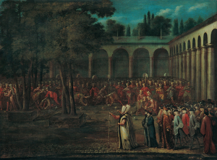Посольская делегация, проходящая через второй двор дворца Топкапы, Жан Батист Ванмор, 1730 год. \ Фото: commons.wikimedia.org.