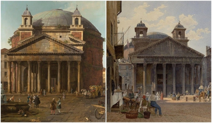 Слева направо: Пантеон, Каналетто (Джованни Антонио Каналь), 1742 год. \ Фото: rome-roma.net. \ Пьяцца Ротонда с видом на Пантеон, Якоб Альт, 1836 год. \ Фото: google.com.ua.