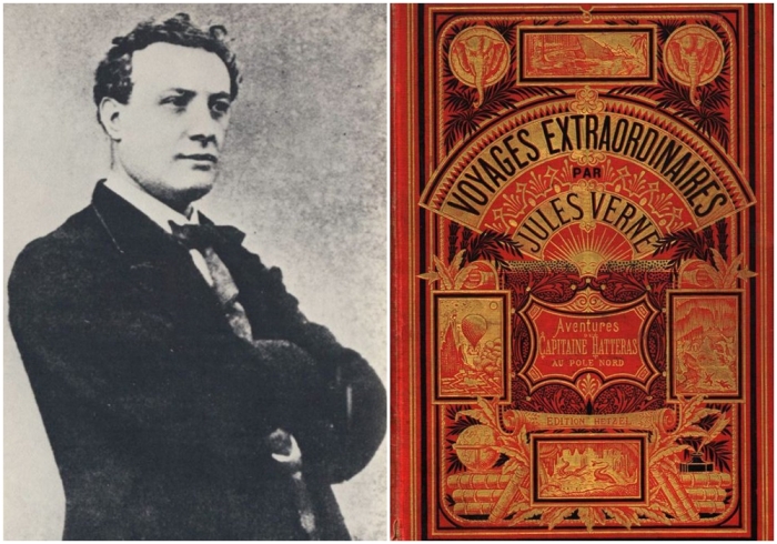 Слева направо: Жюль Верн в возрасте двадцати пяти лет, около 1853 года.\ Обложка «Необыкновенные путешествия», Жюль Верн.