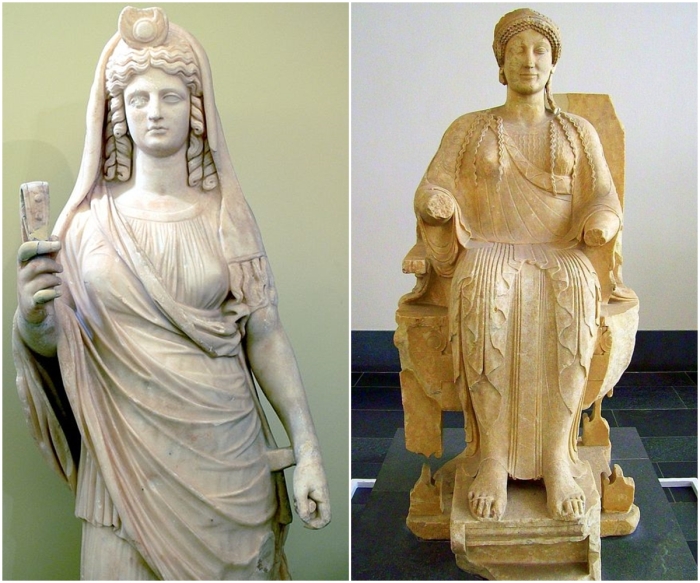 Слева направо: Статуя синкретической Персефоны-Исиды с систром. Археологический музей Ираклиона, Крит. \ Сидящая богиня, вероятнее всего Персефона, на своём троне в подземном царстве, около 480-460 годов до н.э.