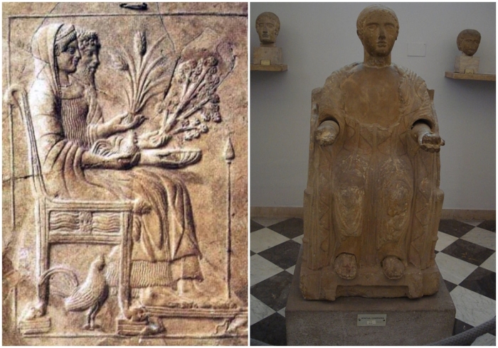 Слева направо: Аид и Персефона на троне в царстве мёртвых (5 в. до н.э.). \ Персефона или умершая женщина, держащая гранат, этрусская терракотовая погребальная статуя, национальный археологический музей в Палермо, Италия