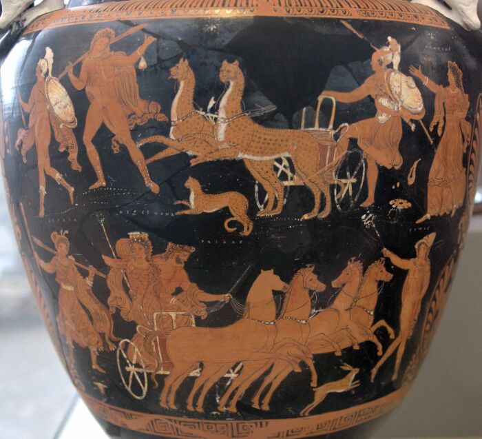 Похищение Персефоны: Аид со своими лошадьми и Персефоной (внизу), Апулийский краснофигурный спиральный кратер, около 340 года до н.э. \ Фото: fandom.com.