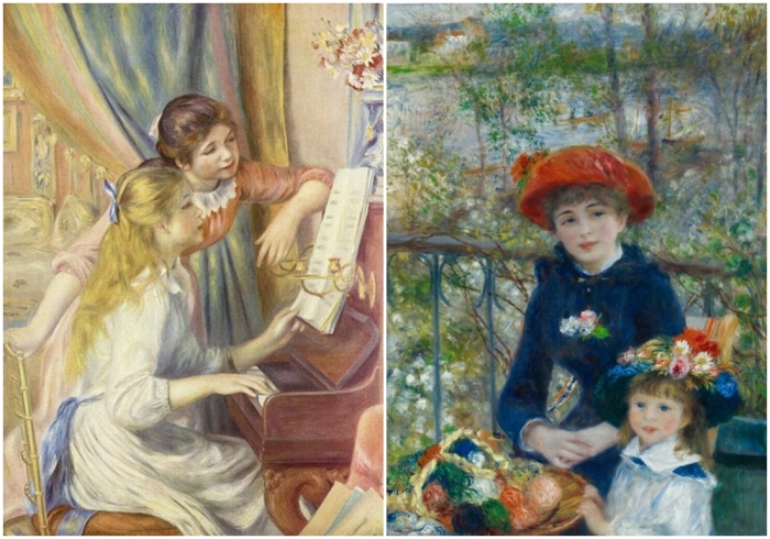 Слева направо: «Девушки за фортепьяно», Пьер Огюст Ренуар, 1892 год, Музей Орсе. \ «Две сестры (на террасе)», Пьер-Огюст Ренуар, 1881 год.