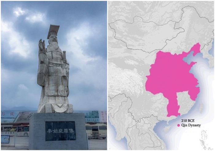 Слева направо: Статуя Цинь Шихуана, основателя династии Цинь и первого императора объединённого Китая. \ Империя Цинь в 210 году до н.э.