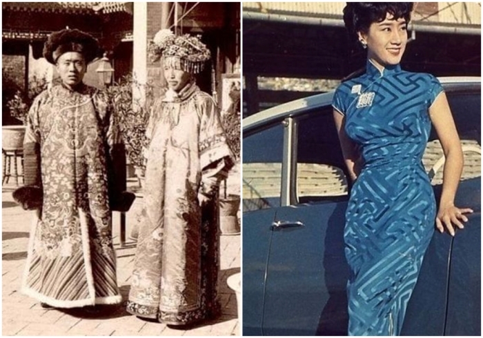 Слева направо: Маньчжурские чанпао. \ Китайское платье чонсам.